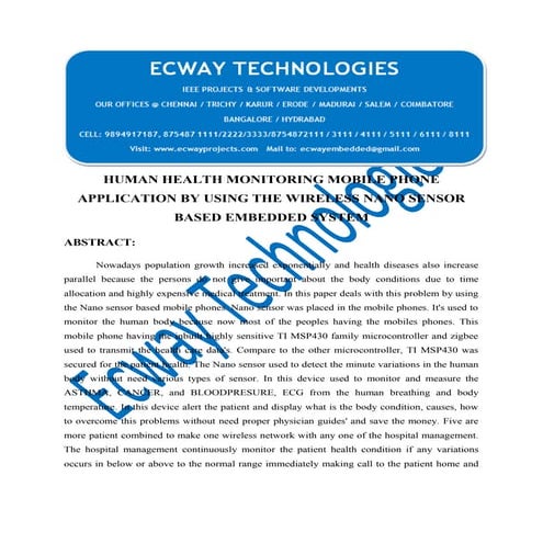 Human health monitoring mobile phone application by using the wireless nano s...
