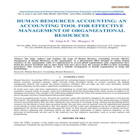 HUMAN RESOURCES ACCOUNTING: AN ACCOUNTING TOOL FOR EFFECTIVE MANAGEMENT OF OR...