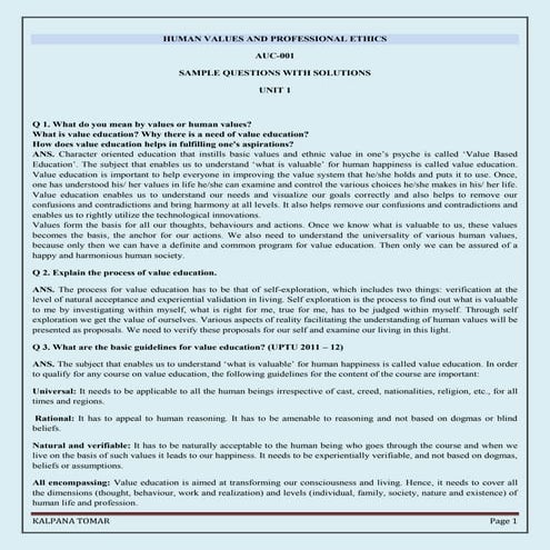 Human values and professional ethics notes unit 1