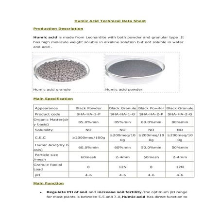 Humic acid technical data sheet