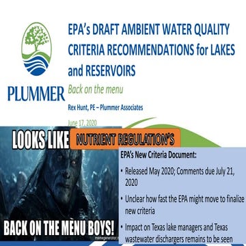 EPA’s Draft Ambient Water Quality Criteria Recommendations for Lakes and Reservoirs, Rex Hunt - Plummer Associates, Inc.