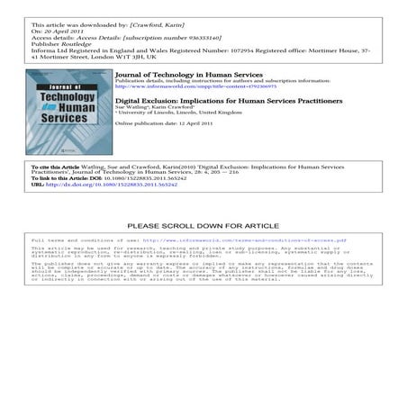 Digital Exclusion: Implications for Human Services Practitioners SUE WATLING ...