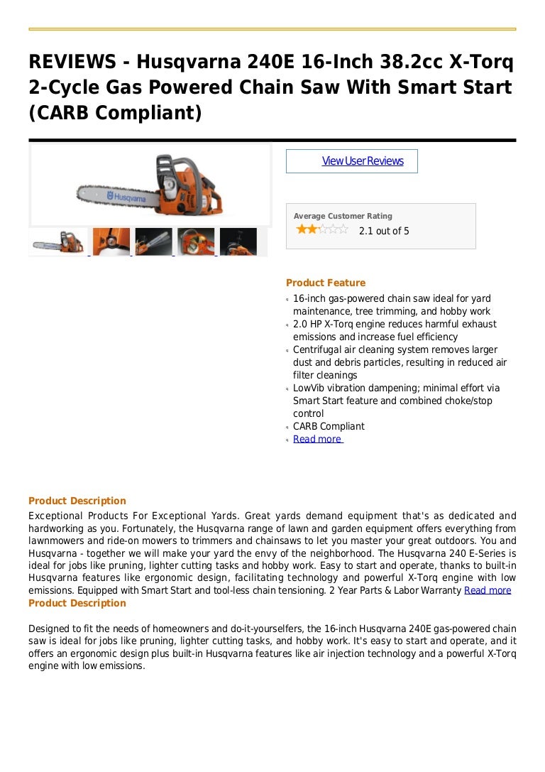 Husqvarna 240 e 16 inch 38.2cc xtorq 2cycle gas powered chain saw w…