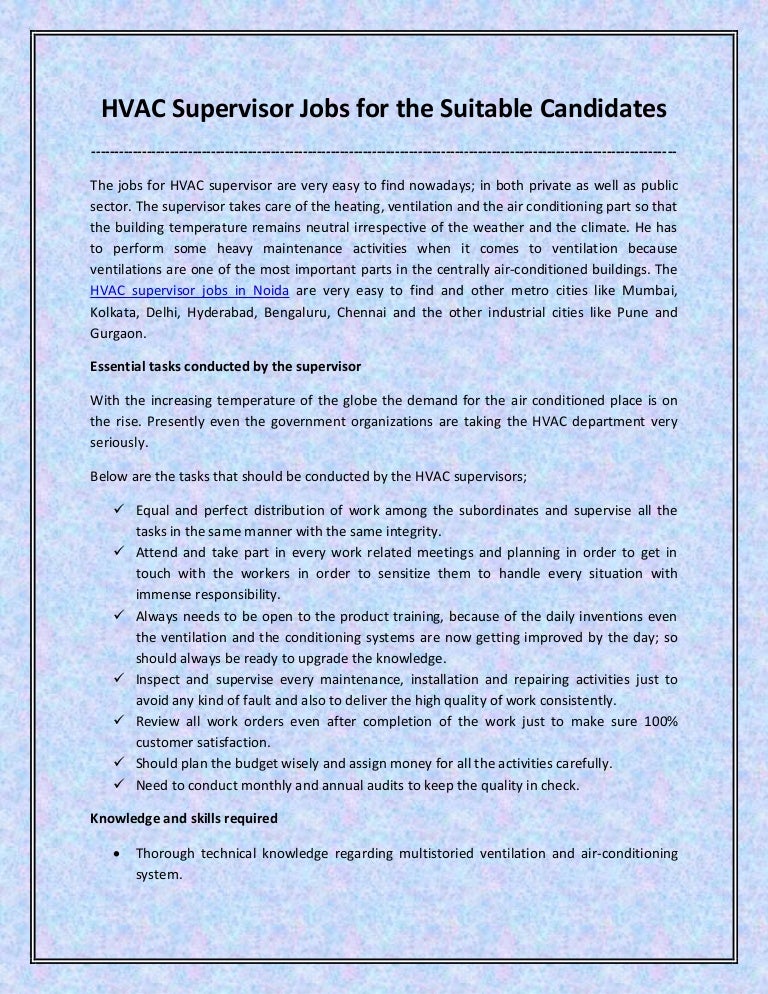 HVAC supervisor jobs for the suitable candidates