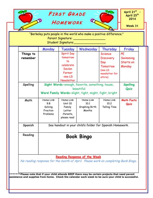 Hw sheet with book bingo
