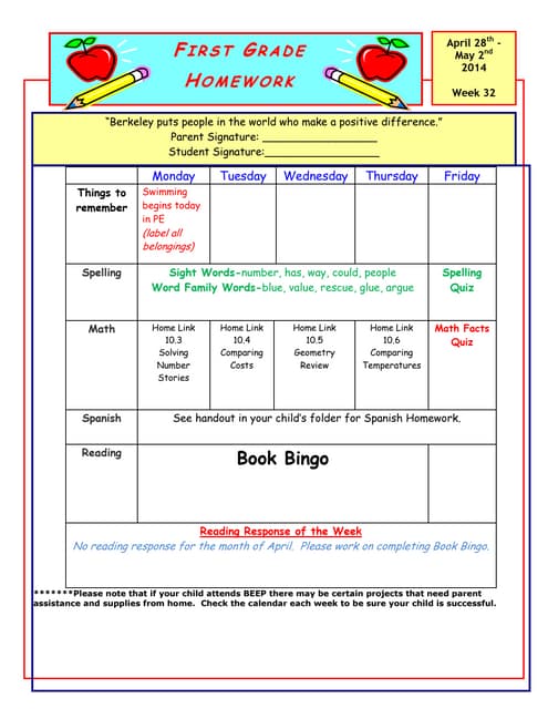 Hw sheet with book bingo
