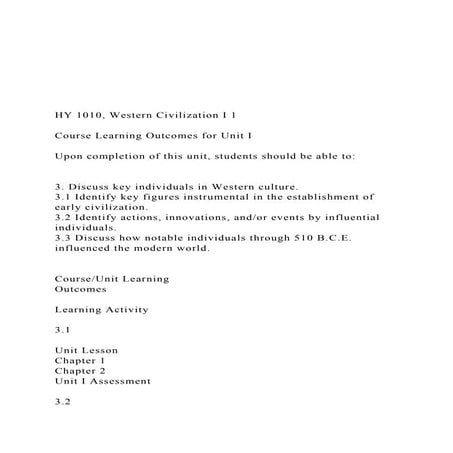 HY 1010, Western Civilization I 1 Course Learning .docx