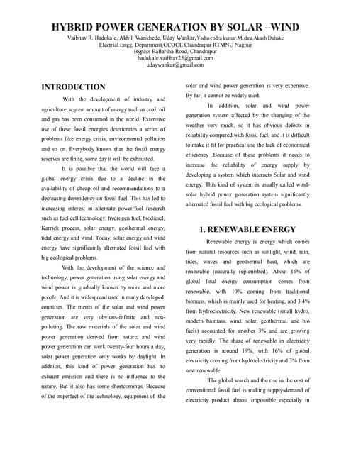 Hybrid power generation by solar –wind
