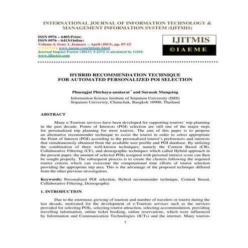 Hybrid recommendation technique for automated personalized poi selection