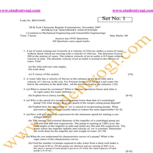 Hydraulic Machinery And Systems Jntu Model Paper{Www.Studentyogi.Com}