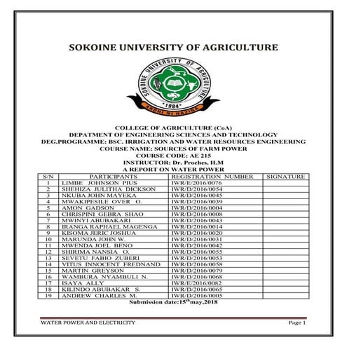 Hydro electric power  report-AE 215  2018