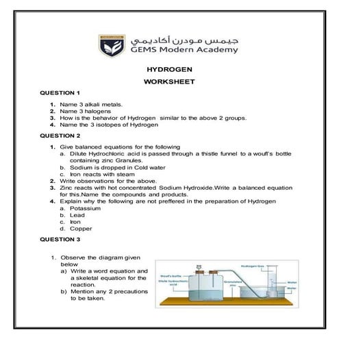 worksheet on hydrogen great for students of 8 and 9 and 10th grade