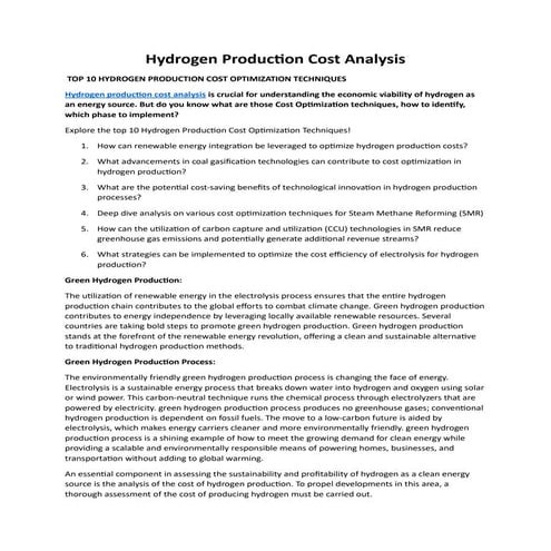 Hydrogen Production Plant Project Report and Cost Analysis | PPTX
