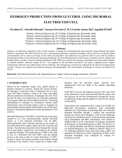 Hydrogen production from glycerol using microbial electrolysis cell