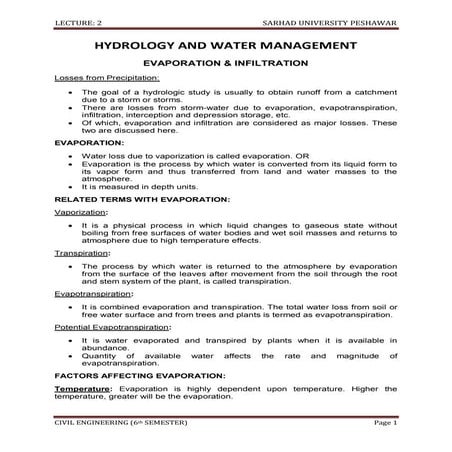 Hydrology and water management(EVAPORATION & INFILTRATION)...