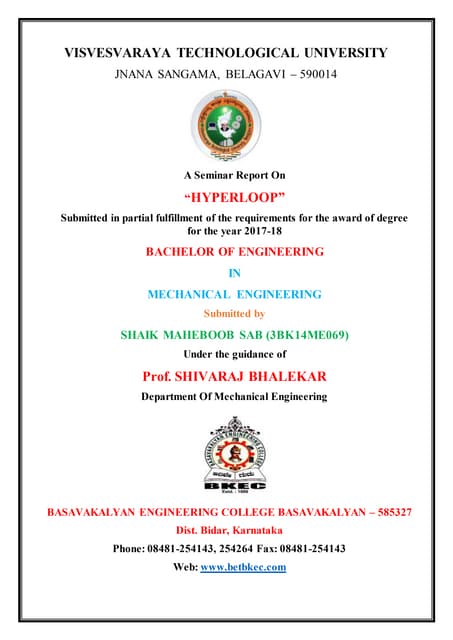 Hyperloop seminar report coverpage and certeficate