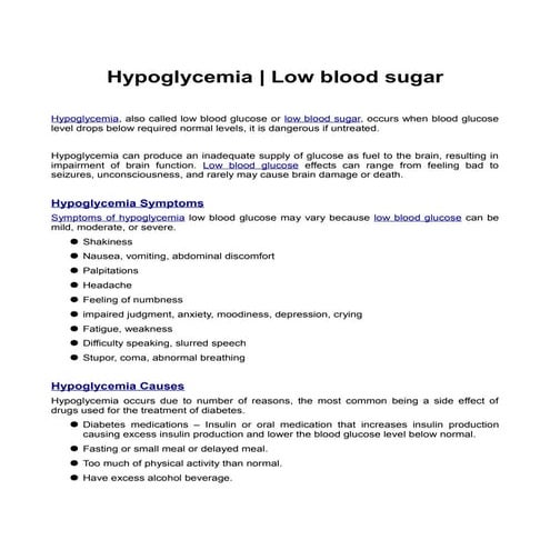 Hypoglycemia Or Low Blood Sugar | PDF