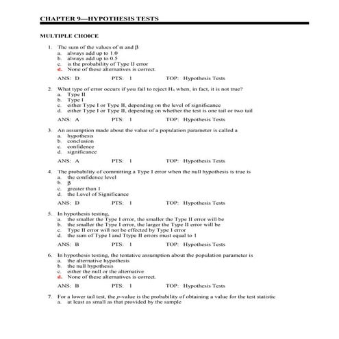 Hypothesis Test Bank with Solutions