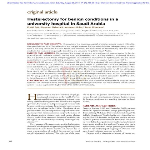 Hysterectomy for benign conditions in a university hospital in2