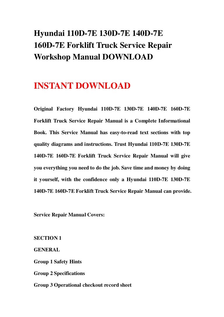 Hyundai 110 d 7e 130d-7e 140d-7e 160d-7e forklift truck service repair  workshop manual download