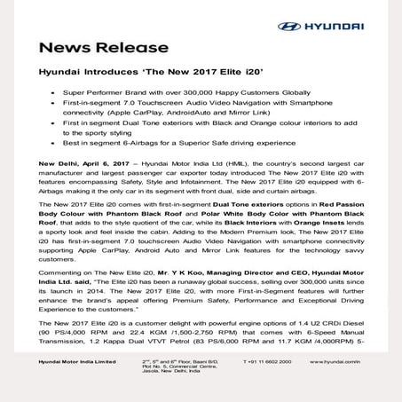 2017 Hyundai Elite i20 - Press Release