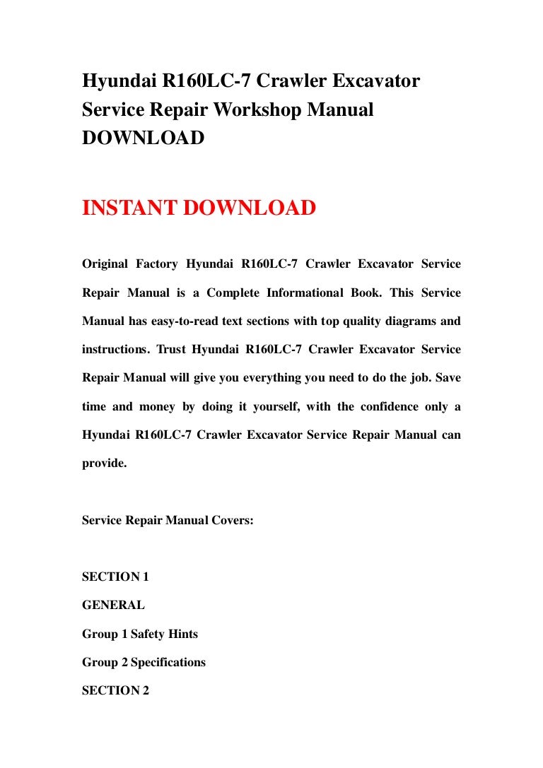 Hyundai R160lc 7 Crawler Excavator Service Repair Workshop Manual