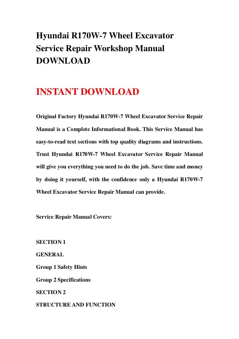 Hyundai r170 w 7 wheel excavator service repair workshop manual downl…
