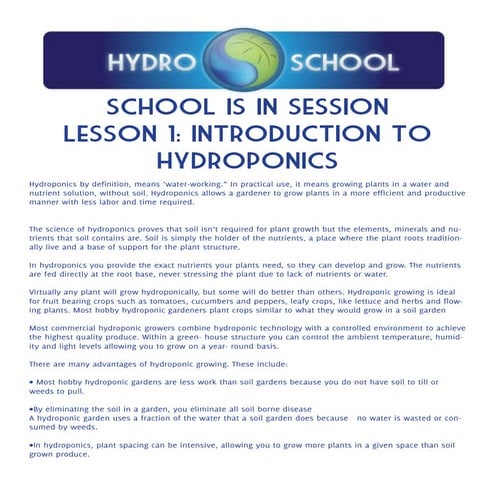 Hydroponics School Lesson Plan 1 - Introduction to Hydroponics
