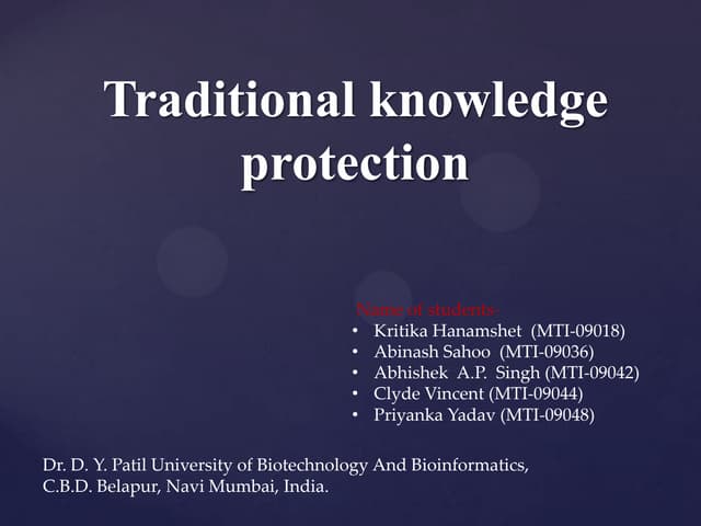 Intellectual property rights(I.P.R.) and traditional knowledge protection of ...
