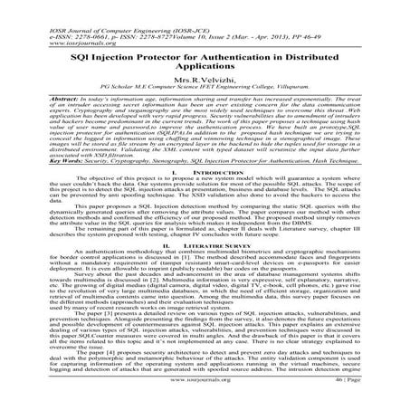 SQl Injection Protector for Authentication in Distributed Applications