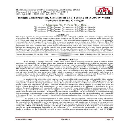 Design Construction, Simulation and Testing of A 300W Wind-Powered Battery Ch...