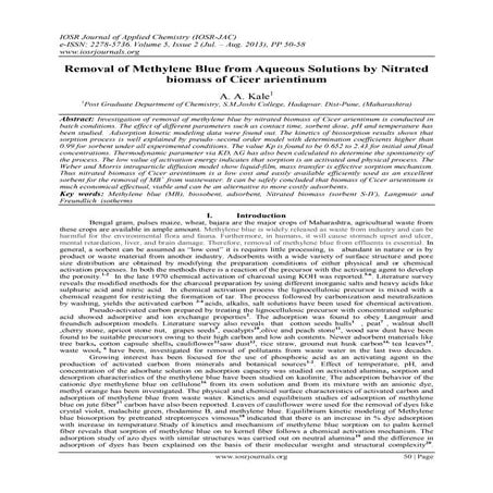 Removal of Methylene Blue from Aqueous Solutions by Nitrated biomass of Cicer...
