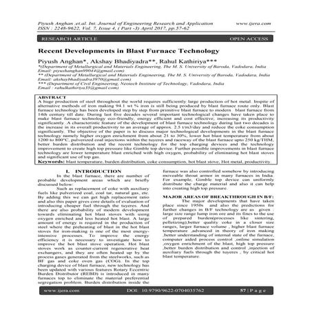 Recent Developments in Blast Furnace Technology