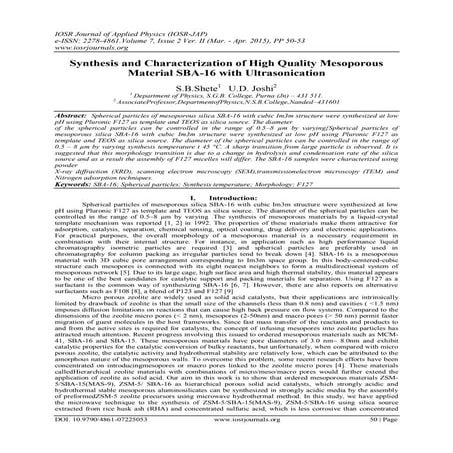 Synthesis and Characterization of High Quality Mesoporous Material SBA-16 wit...