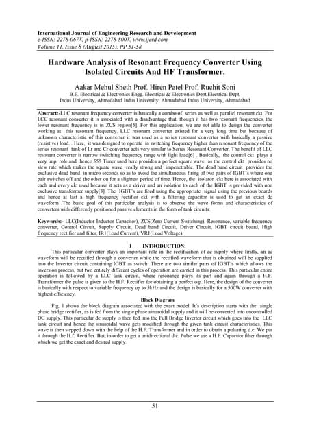 Hardware Analysis of Resonant Frequency Converter Using Isolated Circuits And...