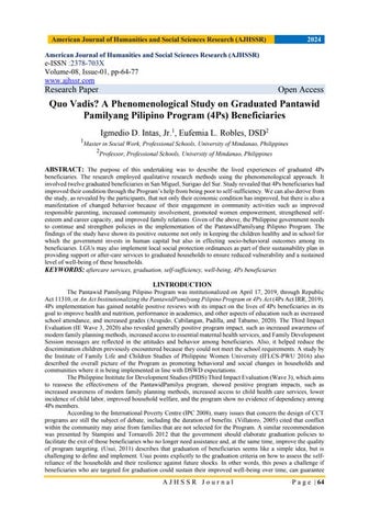 Quo Vadis? A Phenomenological Study on Graduated Pantawid Pamilyang Pilipino ...