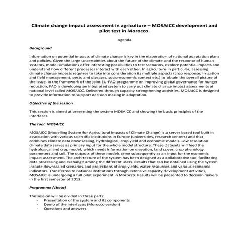 Climate change impact assessment in agriculture – MOSAICC development and pil...