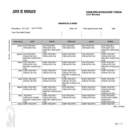 Horario grupos Educación Infantil 3 años  Curso 2011 12