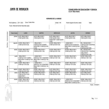 Horario grupos Educación Infantil 4 años Curso 2011 12