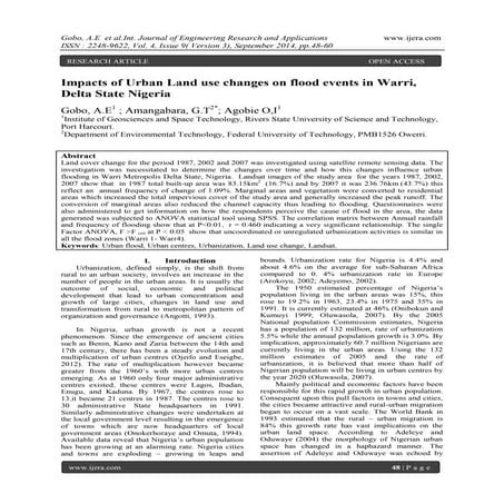 Impacts of Urban Land use changes on flood events in Warri, Delta State Nigeria