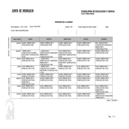 Horario grupos Educación Infantil 5 años Curso 2011 12