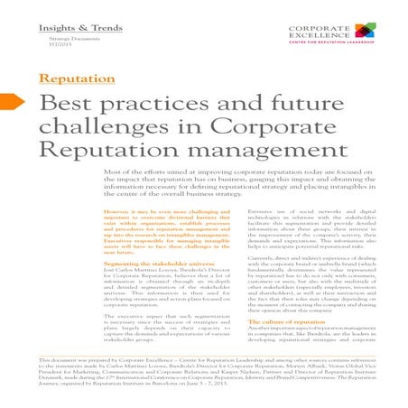 Best practices and future challenges in Corporate Reputation management