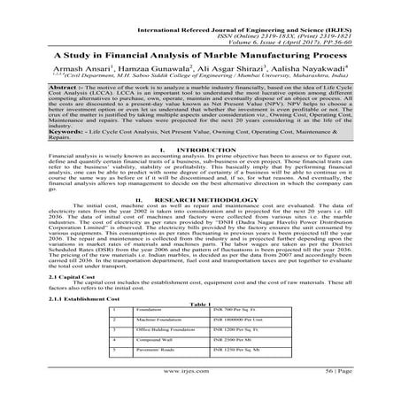 A Study in Financial Analysis of Marble Manufacturing Process