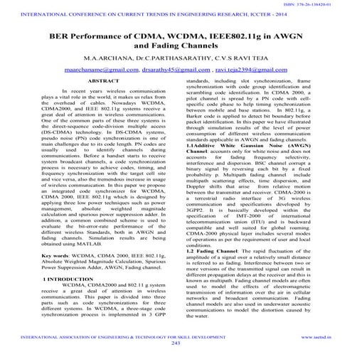 Iaetsd ber performance of cdma, wcdma, ieee802.11g in awgn
