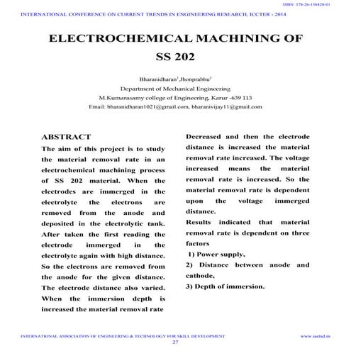 Iaetsd electrochemical machining of