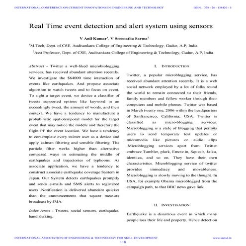 Iaetsd real time event detection and alert system using sensors