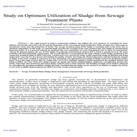 Iaetsd study on optimum utilization of sludge from sewage treatment plants
