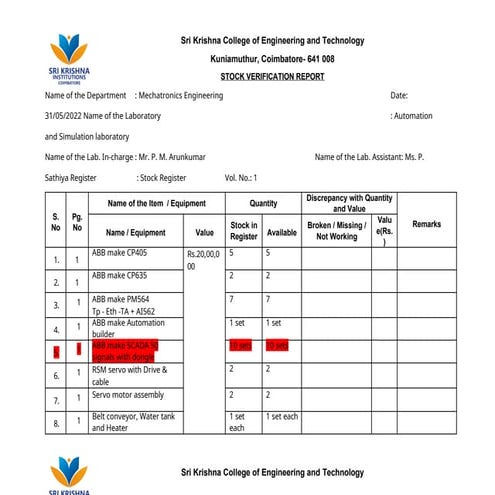 Comprehensive Stock Verification Report for Mechatronics Engineering ...