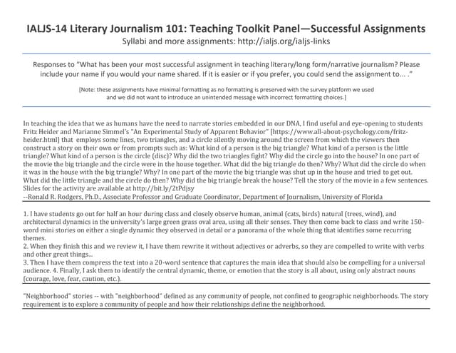 IALJS-14 Literary Journalism 101: Teaching Toolkit Panel—Successful Assignments