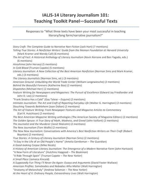 IALJS-14 Literary Journalism 101: Teaching Toolkit Panel—Successful Texts